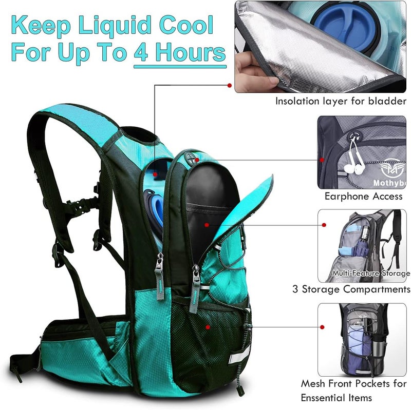 Mothybot Insulated Hydration Backpack Pack with 3L BPA Free Leak Proof Water Bladder, Large Storage Lightweight Hiking Daypack with Waist Pouches & Cooler Layer, for Running, Biking, Camping, Festival - Image 3